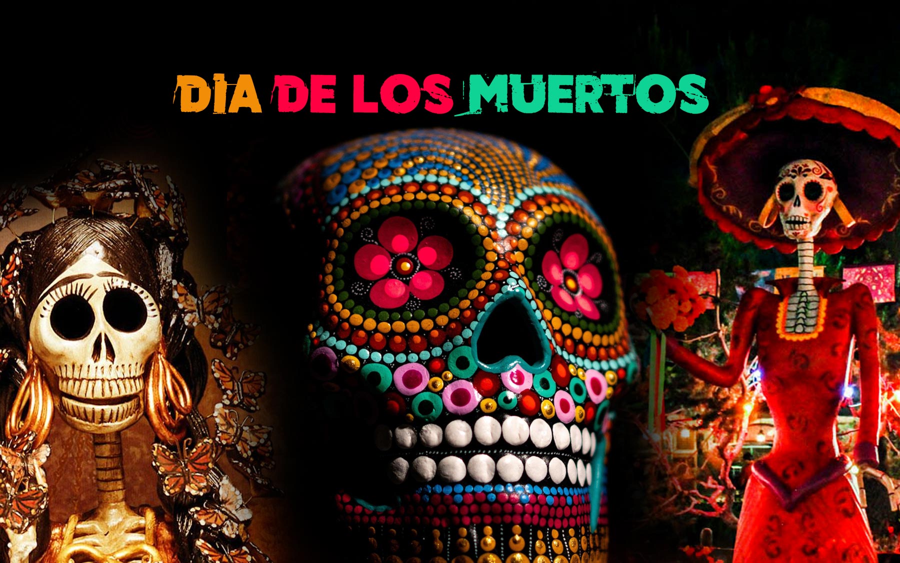 Colorful Día de los Muertos characters and sugar skull artwork from the original event