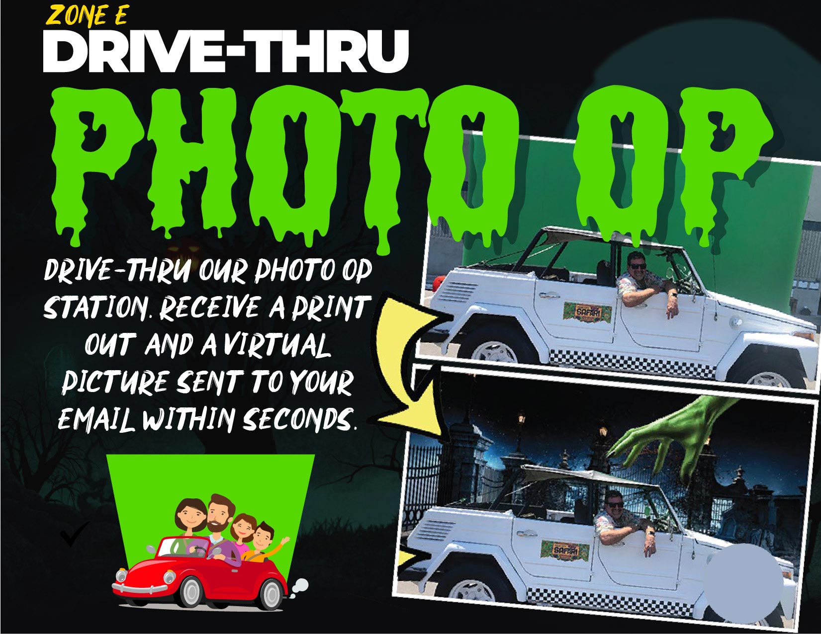 The original drive-thru green-screen photo booth creates a Halloween keepsake of your car